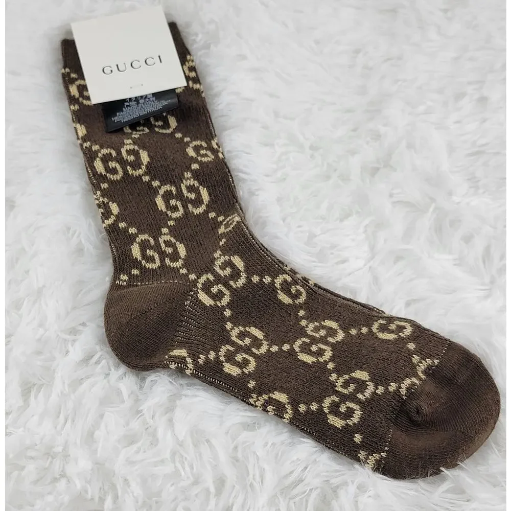 Gucci Crew Socks Unisex GG Logo Metallic 100% Authentic Brown Beige Luxury New